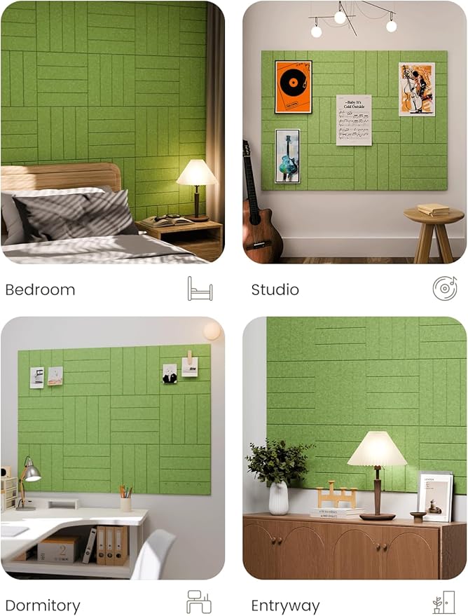 Fluxynara Felt Bulletin Board Tiles Large 48" x 36" Cork Board Alternative-12 Pack with 70 Adhesive Tabs, Thick Slat Wall Panels for Office Decor, Push Pin Board Wall Organizer Alternative-Kelly Green