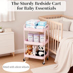 LIWNYRK 3 Tier Pink Rolling Cart for Nursery & Laundry Room with Handle & 4 Hooks, Metal Kitchen Storage Cart on Wheels and Lockable Casters, Large Capacity Sturdy Trolley for Lash Craft Bathroom