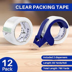 RAZCC Clear Packing Tape, 12 Rolls Heavy Duty Packaging Tape with Dispensers for Packing Shipping Moving and Sealing, Thicker Packing Tape-2" x 65 Yards Per Roll, 780 Total Yards
