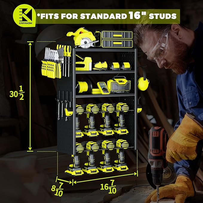 KAFAHOM Power Tool Organizer,Large 8 Drill Holder Wall Mount with 2 Side Pegboards,5 Layer Metal Tool Storage Rack with 12 Hooks,Tool Shelf for Garage Organization,Utility Battery Shelves - Black