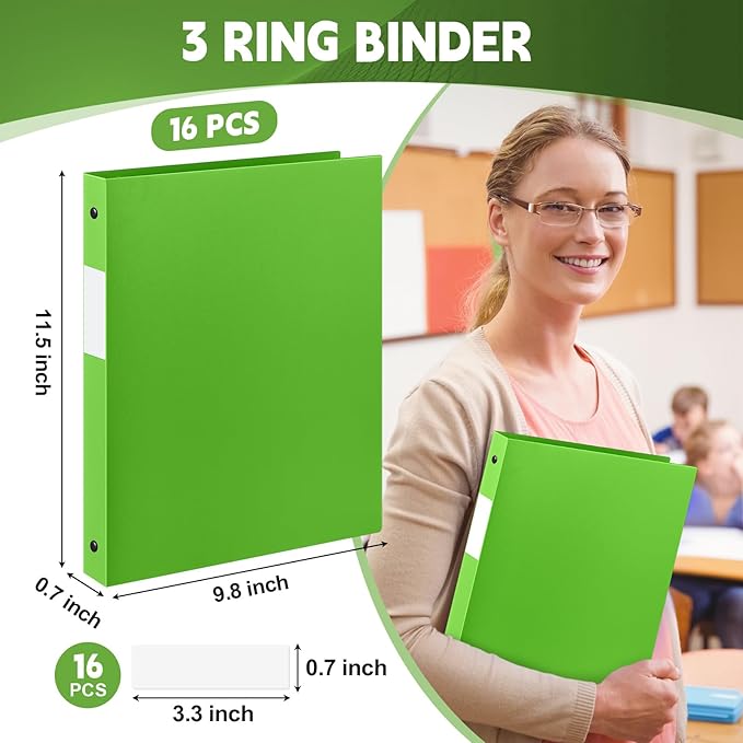 Henoyso 16 Pcs 3 Ring Binder 0.5 Inch Round Fits Letter Size 8.5'' x 11'' Paper Plastic Flexible Binder Bulk Holds 140 Sheets with 1 Pockets Versatile Organizer for Home Office School (Tender Green)