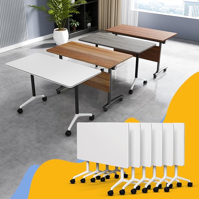 Conference Table Flip Top Mobile Conference Room Tables,Folding Conference Table with Wheels,Large Meeting Training Seminar Table Saving Space for Office Classroom (6, White, 55.1'')
