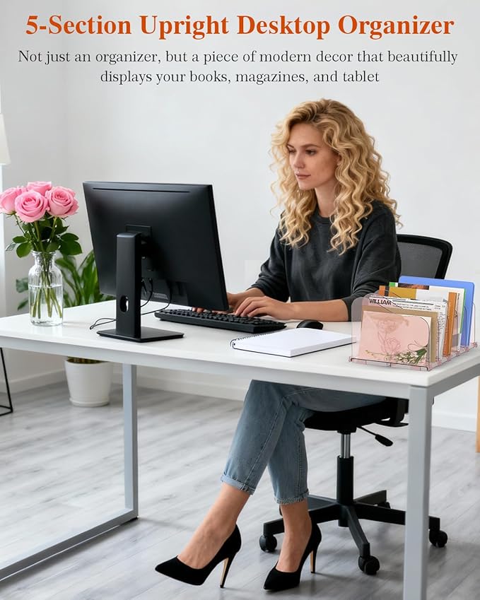 COWVTUJ Adjustable Rose File Organizer for Desk, Vertical File Folder Holders for Magazines, Upright Desktop Binder Organizer, Clear Paper Bookshelf Divider File Sorter for School Office Supplies