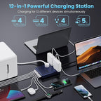 12-in-1 Charging Station USB C Power Strip with 5ft Cord,200W GaN IV USB C Charger Block,4 AC Outlets,8 USB for MacBook,iPhone 16/15/14,Fast Charging Desktop Charger for Office (A-Blue)