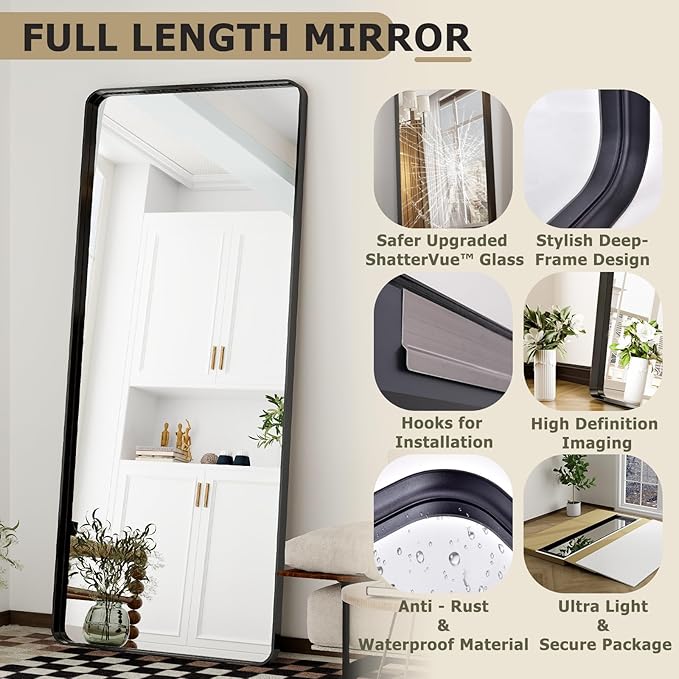 71" x 30" Full-Length Mirror - Black Deep Framed Floor Mirror, Wall-Mounted Rectangular Dressing Mirror for Home Decor in Bedroom, Bathroom, Living Room - Hang or Lean Against Wall