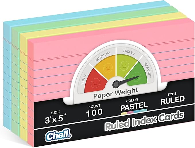 Chell Extra Heavyweight Index Cards 3x5 Inch, No Bleed-Through, 100 Count, Ruled Front and Blank Back, 80 lb. Cover Weight, Pastel Colors