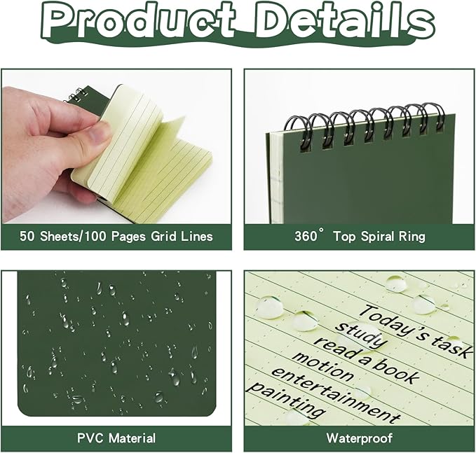 10 Pack Waterproof Notebook, All-Weather Pocket Sized Tactical Notepad, Top Spiral Memo Grid Paper Notepad for Outdoor Activities Recording(Army Green, 3"x5")