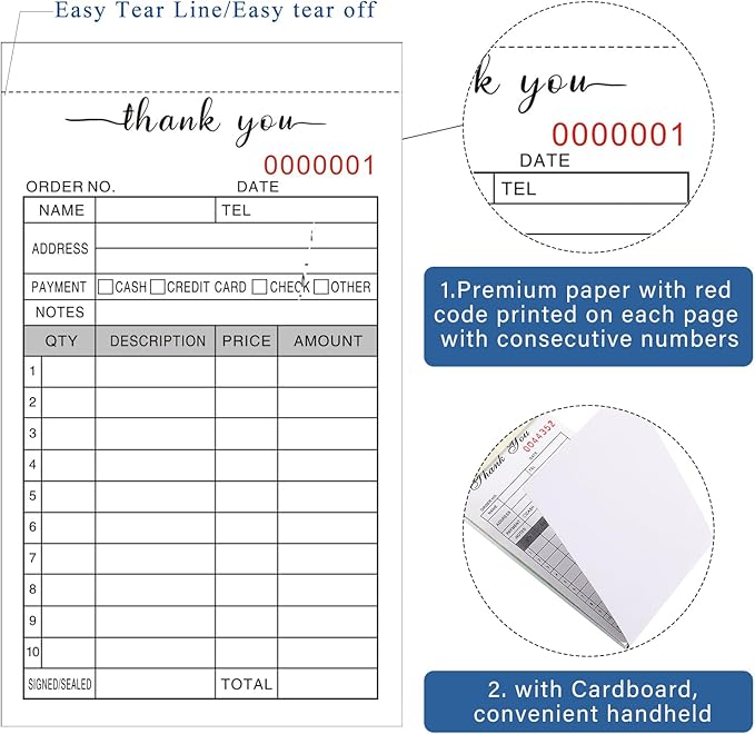 Thank You Receipt Book, 3.4x5.5" Handheld 2-Part Carbonless Sales Invoice Book, Invoice Pad with Cardboard for Small Boutique Business, (50 Sets * 2 Pack)