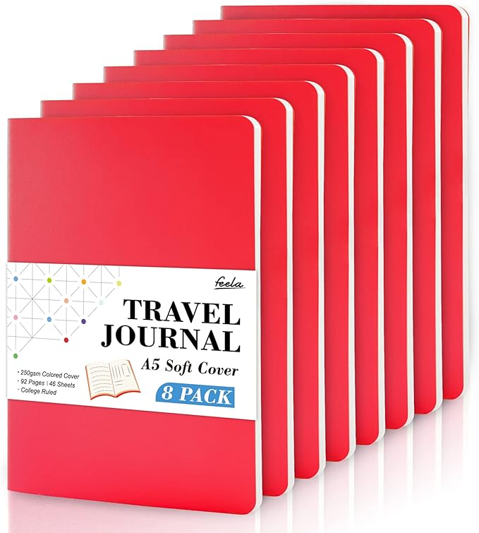 feela 8 Pack Soft Cover Journal Bulk, Notebooks College Ruled for Work, Lined Travel Journal for Women Men, Note Taking Notebook School Supplies Business Writing, 8.2” x 5.5”, A5, Red