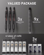 Nicpro 0.5 mm Mechanical Pencil Set with Case, 3PCS MP2000 Metal Artist Mechanical Pencil With 6 Tube HB Lead Refills, Eraser, Weatherproof Barrel for Outdoor Writing Drafting Drawing Sketching
