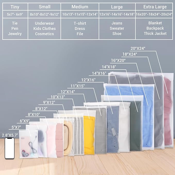 Svaldo 2 Gallon frosted zipper bags for clothes, 50 Count 14x18 inch Plastic Bags for Clothes, Frosted Zipper Poly Bags for Packaging Sweaters, Hoodies, Women Shoe, Sewing Projects, 3 Mil