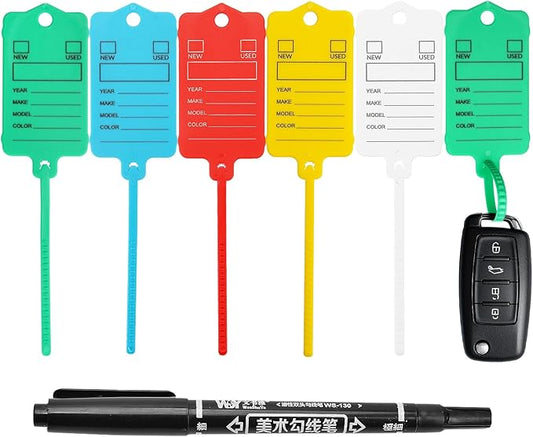 50 Car Key Tags with Labels Plastic Car Dealership Key Tags Self Locking Automotive Identifiers Blank Shop Labels with One Pen (Mixed Color)