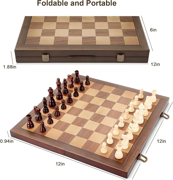 Magnetic Wooden Chess Set for Adults Kids 12'' Chess Board with Handmade Pieces, Folding Portable Travel Unique Chess Sets Game for Tournament Professional Beginner