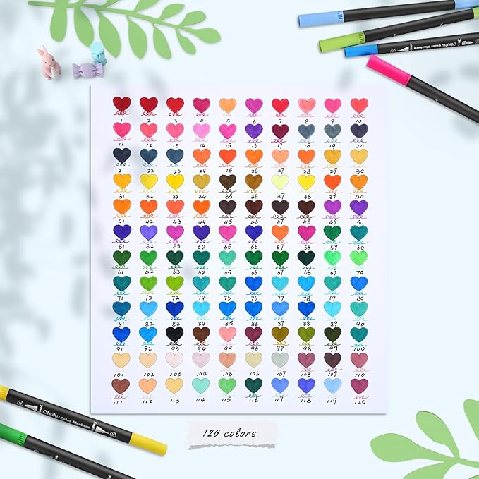 Ohuhu Markers for Adult Coloring Books: 120 Colors Brush Pens Dual Brush Fine Tip Drawing Pens Water-Based Coloring Markers for Calligraphy Bullet Journal with Carrying Case - Maui - Black