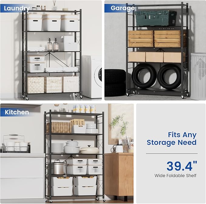 ALANNG 40" W Foldable 5-Tier Storage Shelves with Wheels, Adjustable & Removable Metal Rack, Heavy Duty Rolling Organizer for Kitchen, Garage, Closet, Pantry, and Office (Black,2 Pack)