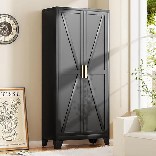 71H Tall Metal Storage Cabinet with 2 Doors and 5 Shelves,Farmhouse Storage Cabinet with Barn Doors,Pantry Storage for Home,Office,Bathroom,Dining Room,Kitchen(Black)