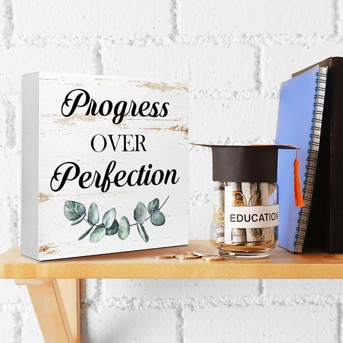 WUZYOU Inspirational Wood Box Sign - Progress Over Perfection Motivational Quote - 5x5x1 Inch Wooden Plaque - Positive Wall Decor for Home & Office - Desk Display