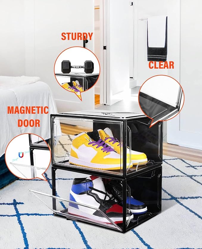 KDOR Clear Shoe Boxes Stackable, 3 Pack Shoe Storage Box with Lids Magnetic Door, Clear Sneaker Storage Acrylic Boxes for Display, Fit Shoe Size Up to US 15