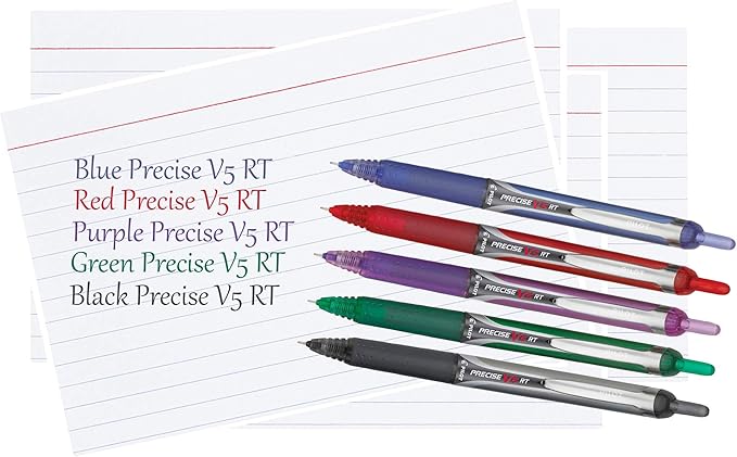 Precise V5 RT Retractable Rolling Ball Pens, Extra Fine Point (.5mm), Assorted Colors Black/Blue/Red/Green/Purple Ink, 5-pk; Premium Comfort Grip, Bundle with Plastic Reusable Pouch