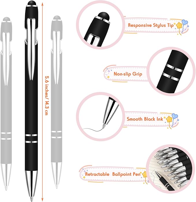 Yeaqee 100 Pieces Ballpoint Pen with Stylus Tip Click, 2 in 1 Black Ink, 1.0 mm Medium Point Stylus Metal Pen for Touch Screen Tablet (Black)