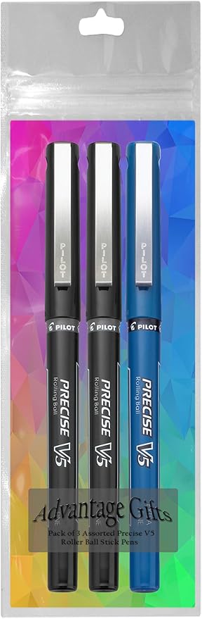 Precise V5 Stick Rolling Ball Pens, Extra Fine Point (.5mm), Assorted Colors Black/Blue Ink, 3-pk; Bundle with Plastic Reusable Pouch