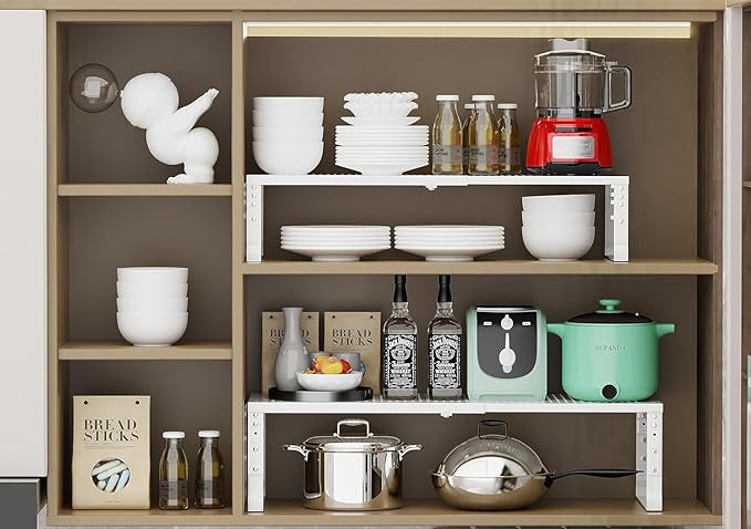 Jojocross Expandable Cabinet Shelf Organizer Storage Spice Rack Shelves for Kitchen Stackable Adjustable Pantry Cupboard Bathroom Countertop Desktop(1Pack/White/Medium-with Hole)