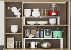 Jojocross Expandable Cabinet Shelf Organizer Storage Spice Rack Shelves for Kitchen Stackable Adjustable Pantry Cupboard Bathroom Countertop Desktop(2Packs/White/Medium-with Hole)