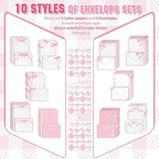 TaoBary 160 Pcs Stationery Paper Set 50 Double Sided Stationery Papers with 50 Matching Envelopes and 60 Round Dot Sticker, 10 Design(Pink Bow,5.5 x 8.25 Inch)