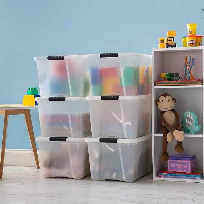 IRIS USA 40 Qt Stackable Plastic Storage Bins with Lids, 6 Pack - BPA-Free, Made in USA - Discreet Organizing Solution, Latches, Durable Nestable Containers, Secure Pull Handle - Pearl