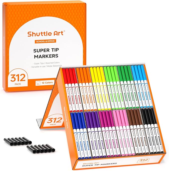 Shuttle Art 312 Pack Washable Super Tips Markers, 12 Assorted Colors Conical Tip Large Markers Bulk with a Box, Bonus Caps, Home Classroom School Supplies for Toddlers Kids Adults Students Teachers