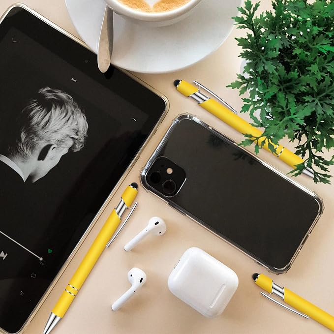 12 Pieces Ballpoint Pen with Stylus Tip, 1.0 mm Black Ink Metal Pen Stylus Pen for Touch Screens, 2 in 1 Stylus Ballpoint Pen (Yellow and Silver)