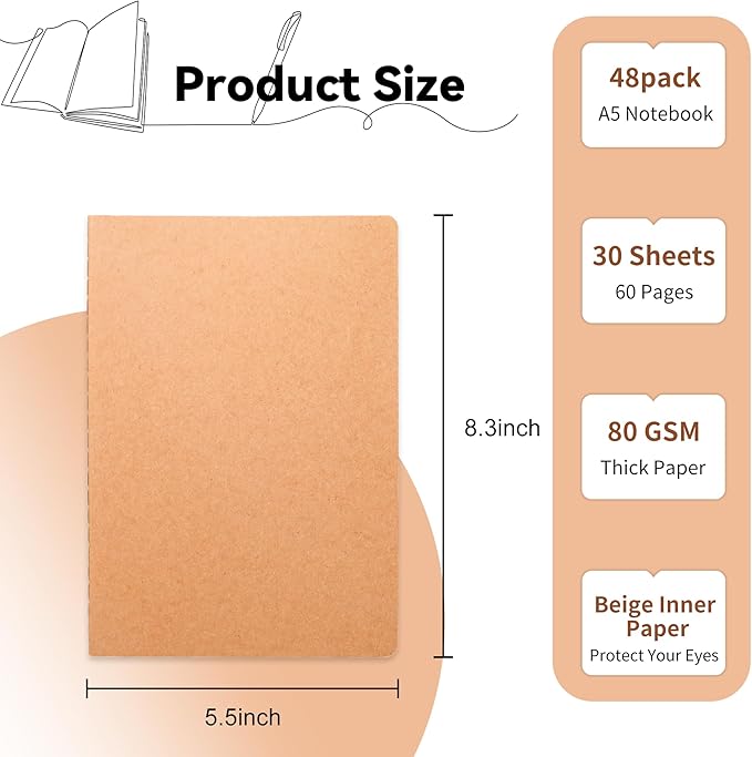 48 Pack Blank Kraft Notebooks, 8.3x5.5 Inches A5 Small Journals Bulk Blank Notebooks 80 Gsm Unlined with 60 Pages A5 Subject Notebooks Traveler Journal Set for Adult Students Back to School Supplies