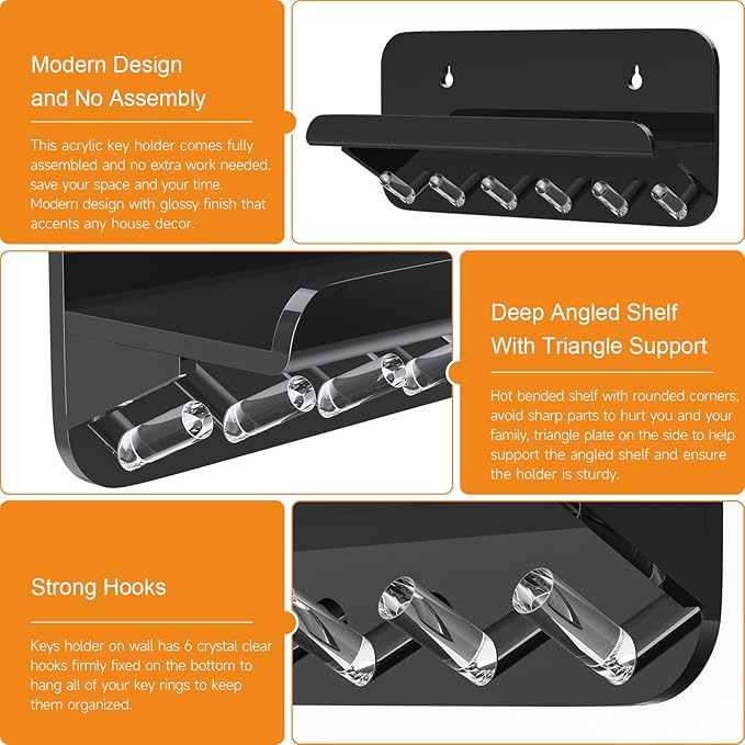 Beego Entryway Key Holder for Wall - Black Acrylic Key Rack with Shelf Decorative Key Hanger Wall Mount Mail Organizer with 6 Key Hooks for Office Hallway Kitchen Living Room Home Décor
