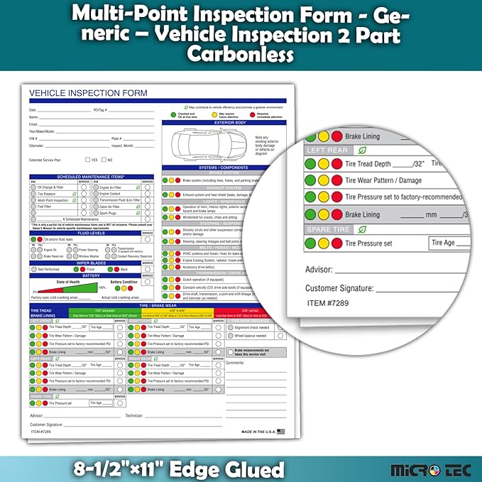 Multi-Point Inspection Form for Vehicles – 2-Part Carbonless Vehicle Checklist Pad – 8.5" x 11" Inspection Report – Edge-Glued, Manufacturer Recommended – White - Pack of 250
