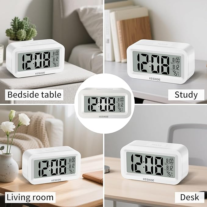 KESHIDE Travel Digital Alarm Clock, Battery Operated with Indoor Temperature, Desk Small Clock,Snooze Model,12/24H Display for Bedrooms Heavy Sleepers Kids Travel Bathroom