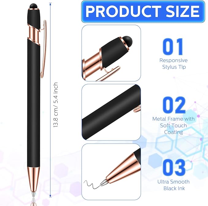 12 Pieces Ballpoint Pen with Stylus Tip, 1.0 mm Black Ink Metal Pen Stylus Pen for Touch Screens, 2 in 1 Stylus Ballpoint Pen (Black and Rose Gold)