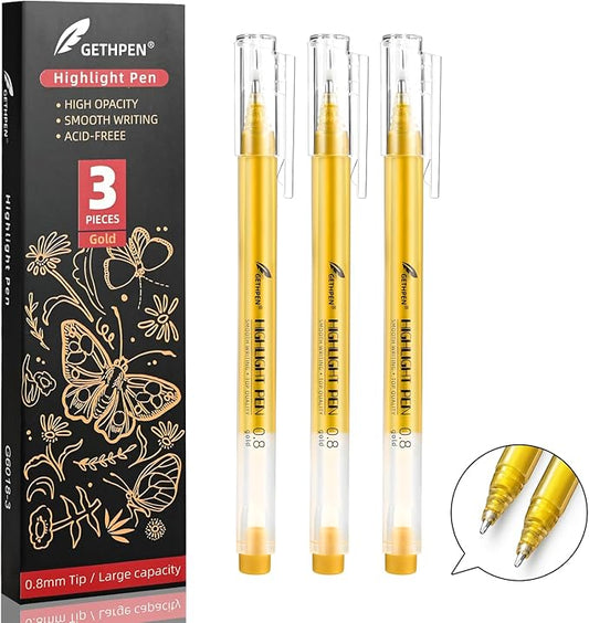 0.8mm Gold Gel Pens 3-Pack – Extra Fine Point Opaque Ink for Black Paper Drawing, Sketching, Bullet Journaling & Holiday Card Design
