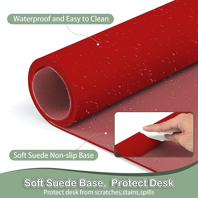 Boutilon Leather Desk Pad Protector,Non-Slip Mouse Pad,Laptop Desk Pad,Office Mouse Mat,Waterproof Leather Desk Blotter,Desk Writing Pad for Office and Home (L-Red,35"x 17")