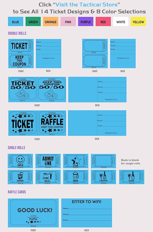 Tacticai 1000 Raffle Tickets, Meal, Pink (1 of 8 Colors), Single Roll, Ticket for Events, Food, Class Reward, Fundraiser & Prizes