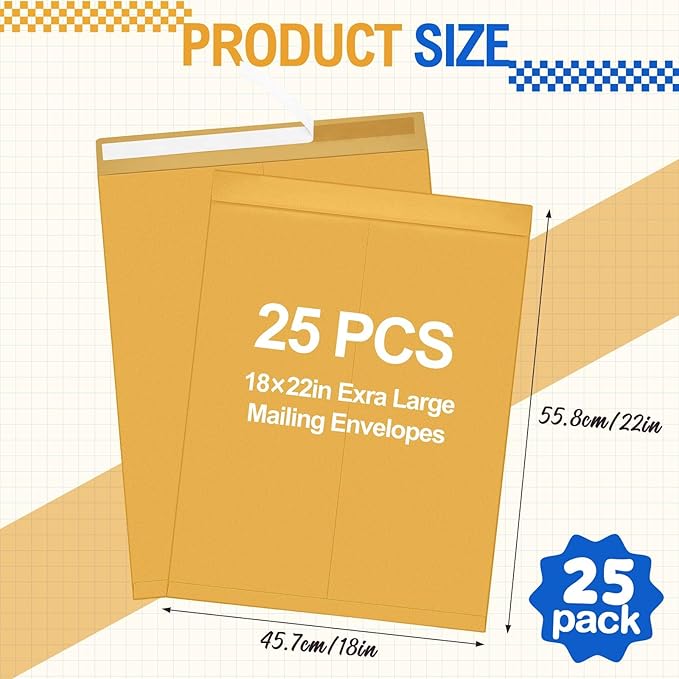 25 Pcs 18 x 22 Inch Jumbo Mailing Envelopes 32lb with Gummed Flaps, Extra Large Flat Catalog Envelopes for Mailing, Storage and Organizing Documents Photos Office Supplies