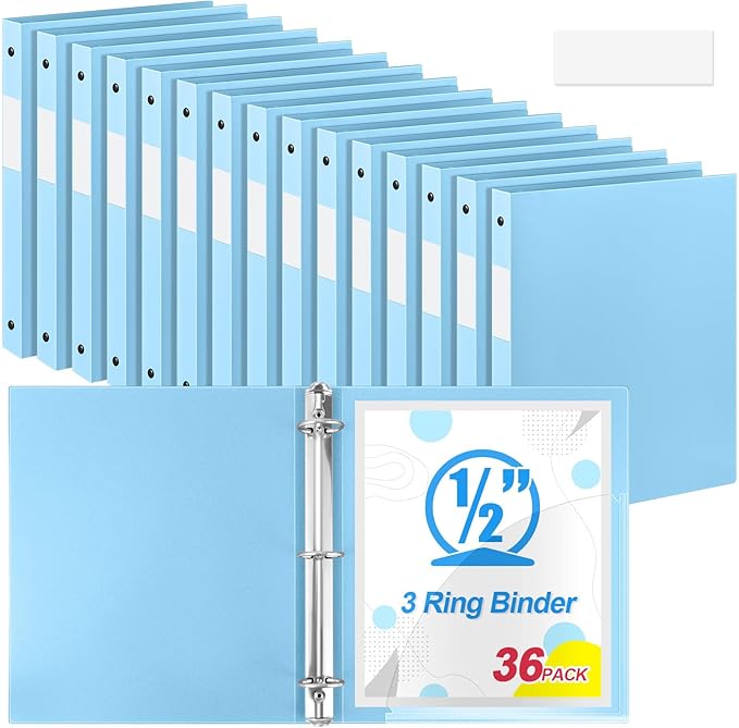 Henoyso 36 Pcs 3 Ring Binder 0.5 Inch Round Fits Letter Size 8.5'' x 11'' Paper Plastic Flexible Binder Bulk Holds 140 Sheets with 1 Pockets Versatile Organizer for Home Office School (Light Blue)