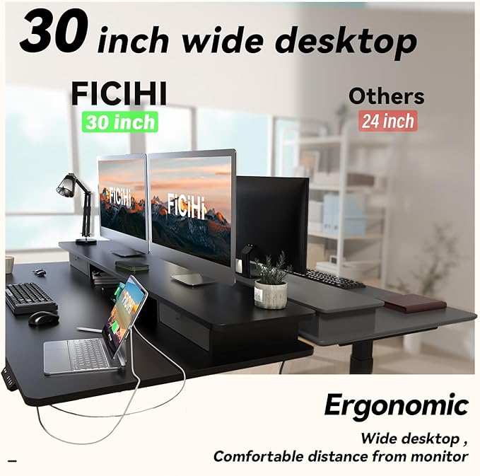 FiCiHi Adjustable Height Standing Desk with 4 Drawers,48 x 30 inches Electric Sit Stand Home Office Desk with Two Tiers, 3 Memory Presets, Monitor Stand Riser, USB A/C Charging Port