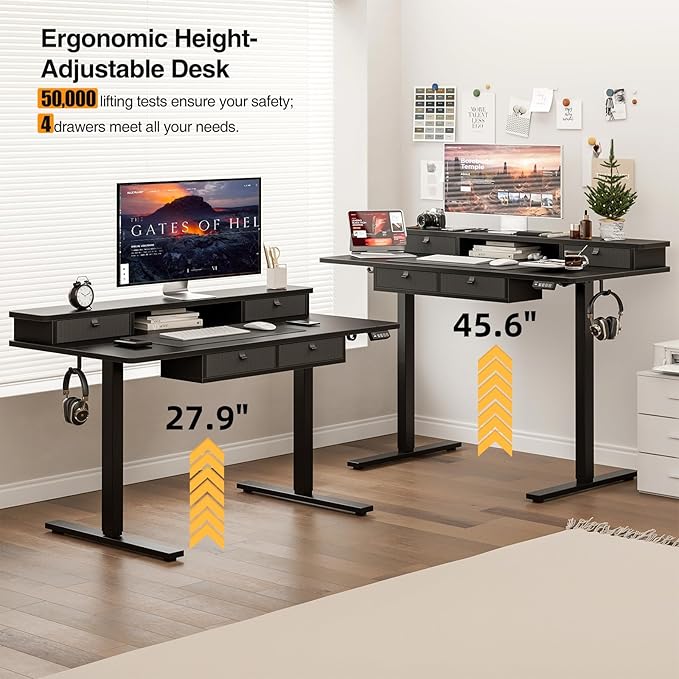 Grandder 55 x 28 inch Electric Standing Desk with 4 Drawers, Sit Stand Up Desk Adjustable Height with Storage Shelf for Home Office Ergonomic Adjustable Desk with Splice Board, Black