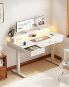 OffiGo Electric Standing Desk with 3 Wooden Drawers, 48 Inch Height Adjustable Desk with Power Outlets & LED Lights, White Sit Stand Table with Monitor Stand for Home, Office, Workstation