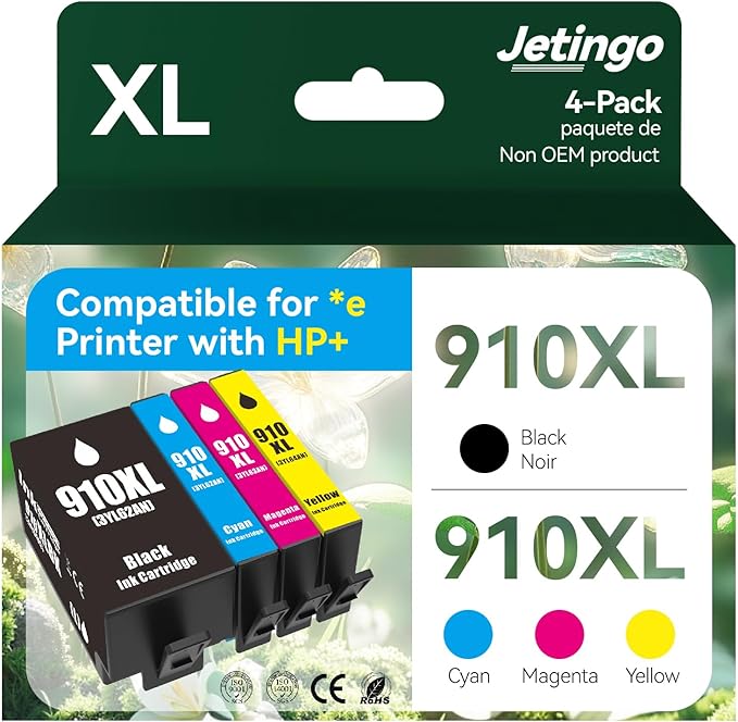 910XL Ink Cartridges Combo Pack Replacement for HP 4 Pack Black and Color 910XL Ink Cartridges HP910 HP910XL for Officejet Pro 8025e 8015e 8028e 8035e 8025 8035 8020 Printer (BK/C/M/Y)