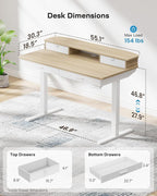 HUANUO 55 x 30 inch Electric Standing Desk with Wood Drawers, Adjustable Height Sit Stand Home Office Desk with Two Tiers, Ergonomic Adjustable Stand up Desk C-Clamp Monitor Mount Compatible, Natural