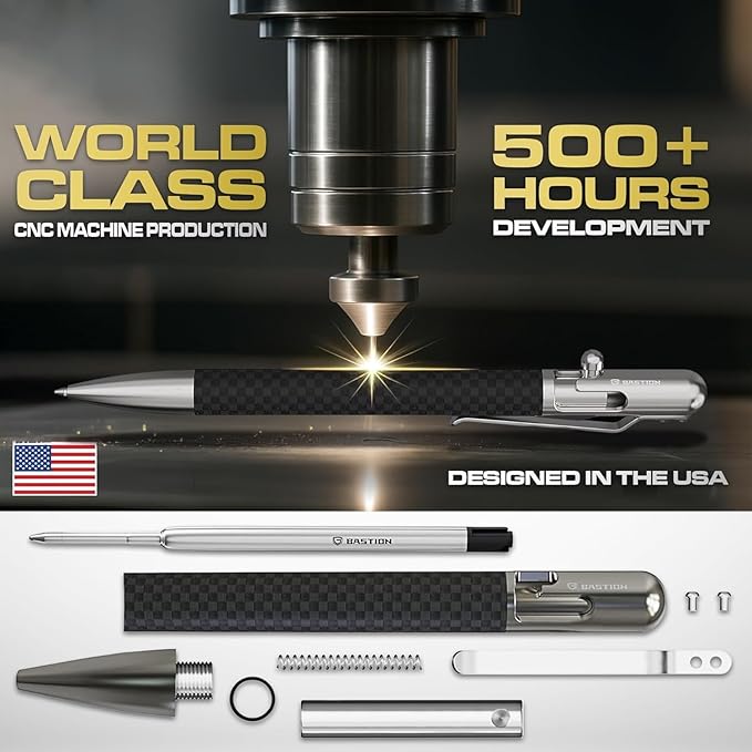 BASTION® Luxury Slim Bolt Action Pen, EDC Pen with Fine Tip, Professional Ballpoint Pen for School and Work - Carbon Fiber-Stainless Steel