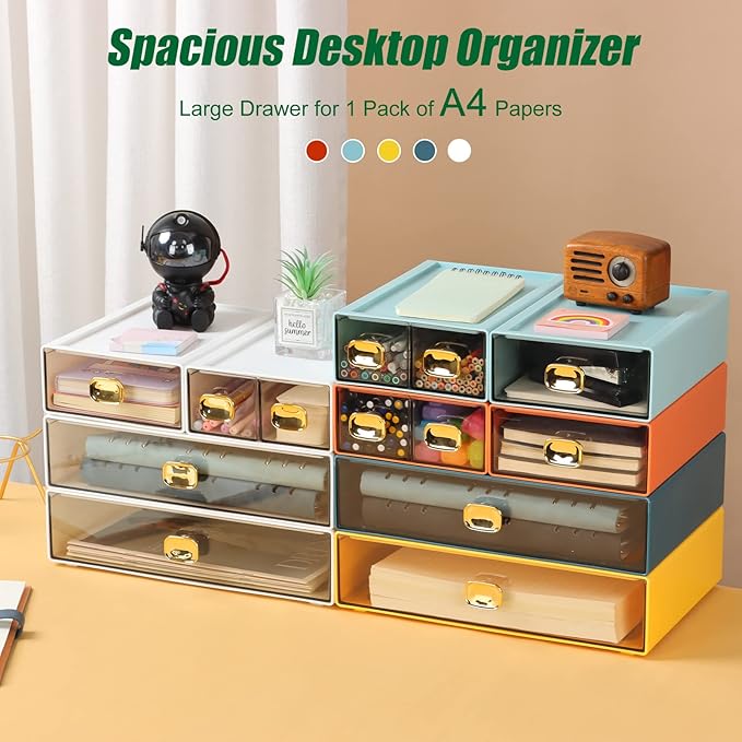 OSteed Spacious Desktop Storage Box, 2 Large Storage Drawers, Stackable Office Desk Drawer Organizer and Accessories, Printer Paper Organizer, Orange & Yellow Plastic Drawers for Workspace & Home