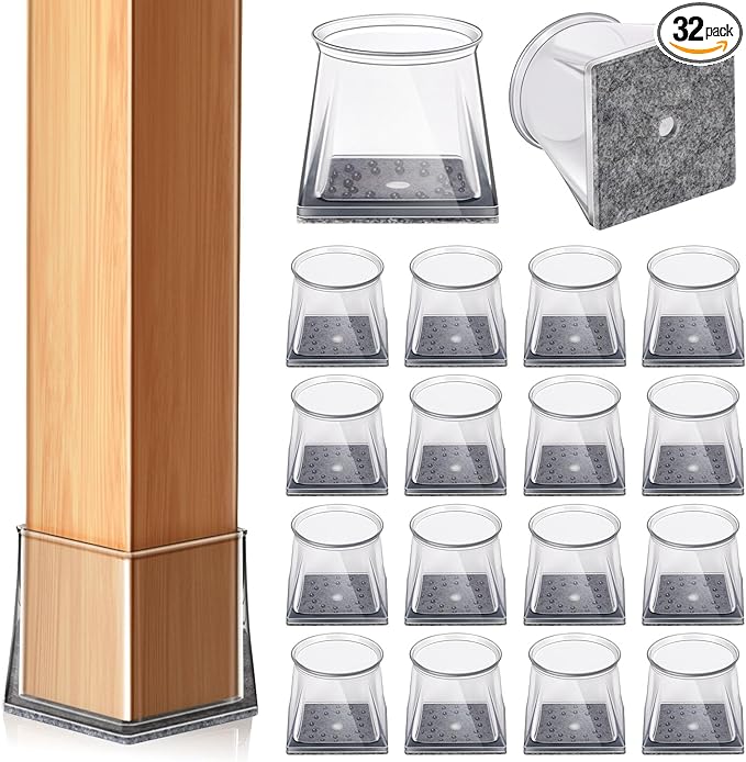 32 Pcs Chair Leg Floor Protectors Square, Floor Protectors for Chairs, Clear Silicone Felt Furniture Leg Pads, Protect Floors, Anti-Scratch Reduce Noise (L Fits: 1-5/16" to 1-1/2")