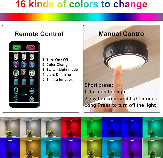Battery Operated Puck Lights with Remote LED Under Cabinet Lighting Wireless Stick on Lights Color Changing Timer Tap Lights for Cabinets Shelves Closets Display Case - 2Pack Black